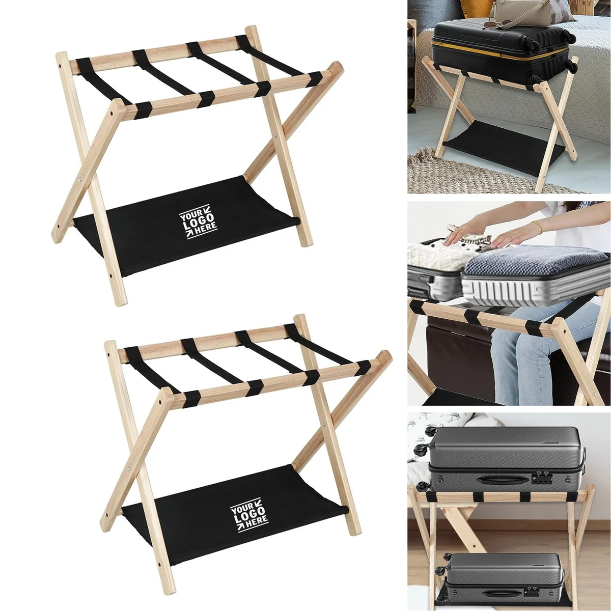 Bedroom Guest Room 2 Tier Wooden Suitcase Bag Holder Stand Folding Luggage Racks with Shelf 1
