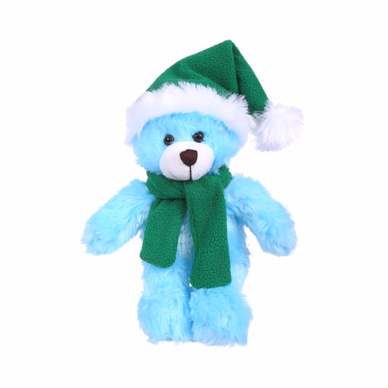Soft Plush Stuffed Blue Bear with Christmas Hat and Scarf