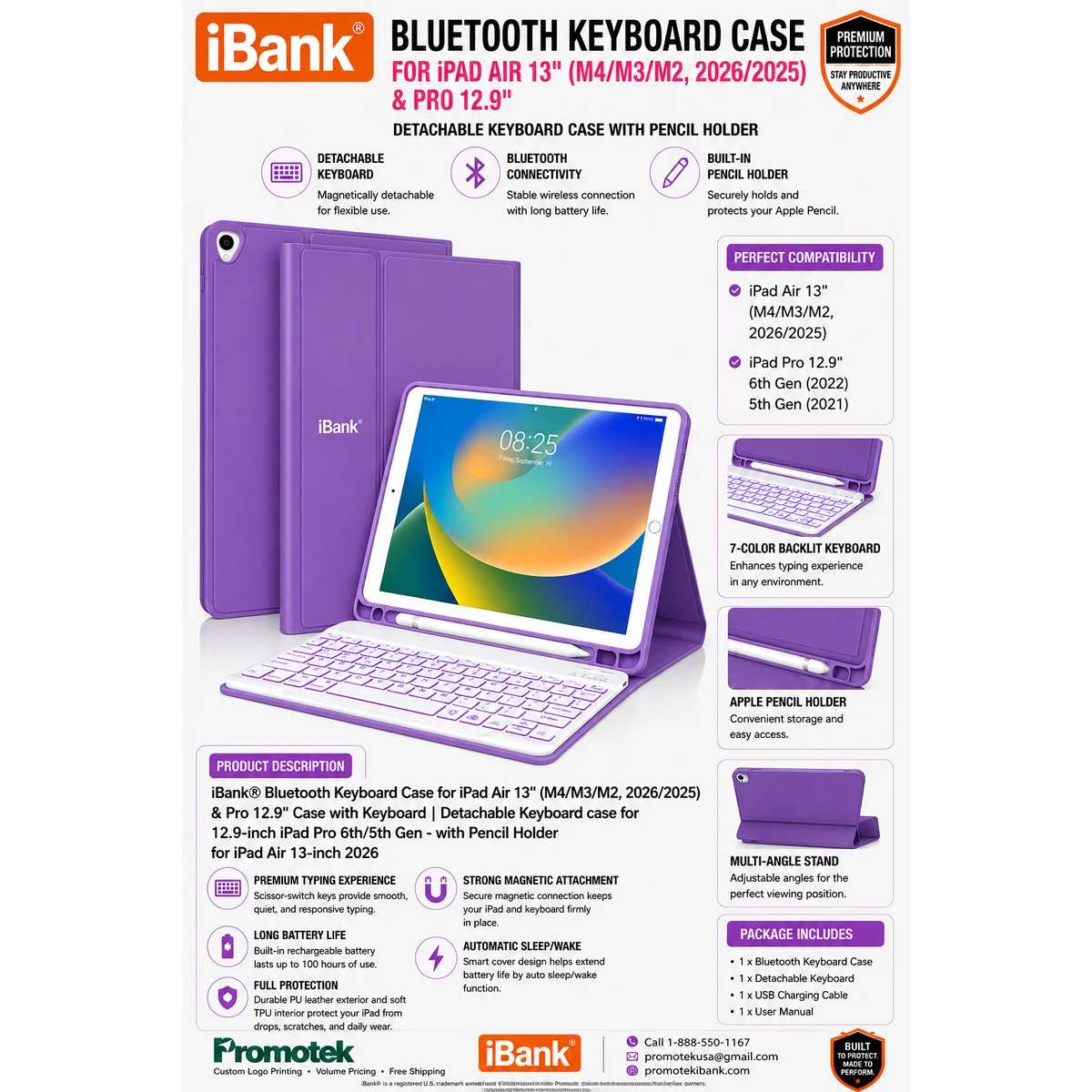 iBank® Detachable Bluetooth Slim Wireless Keyboard and Soft Back Cover Tablet Case 1