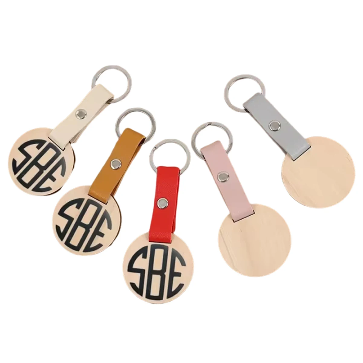 Round Shape Wooden PU Leather Keychain 1