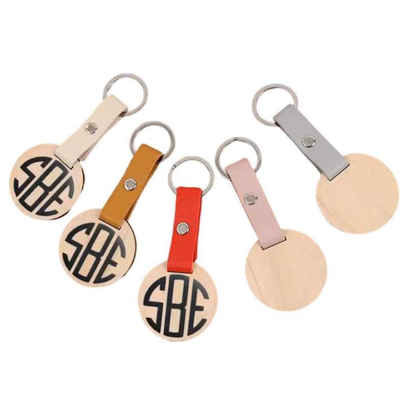 Round Shape Wooden PU Leather Keychain