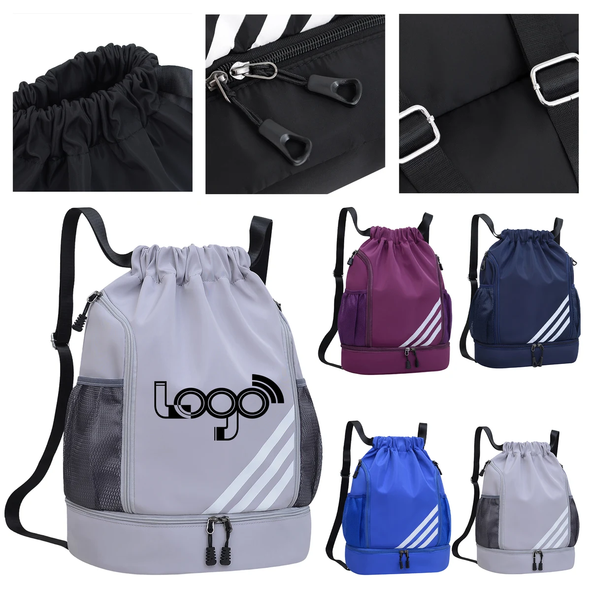 Nylon Drawstring Backpack with Shoe Compartment 1