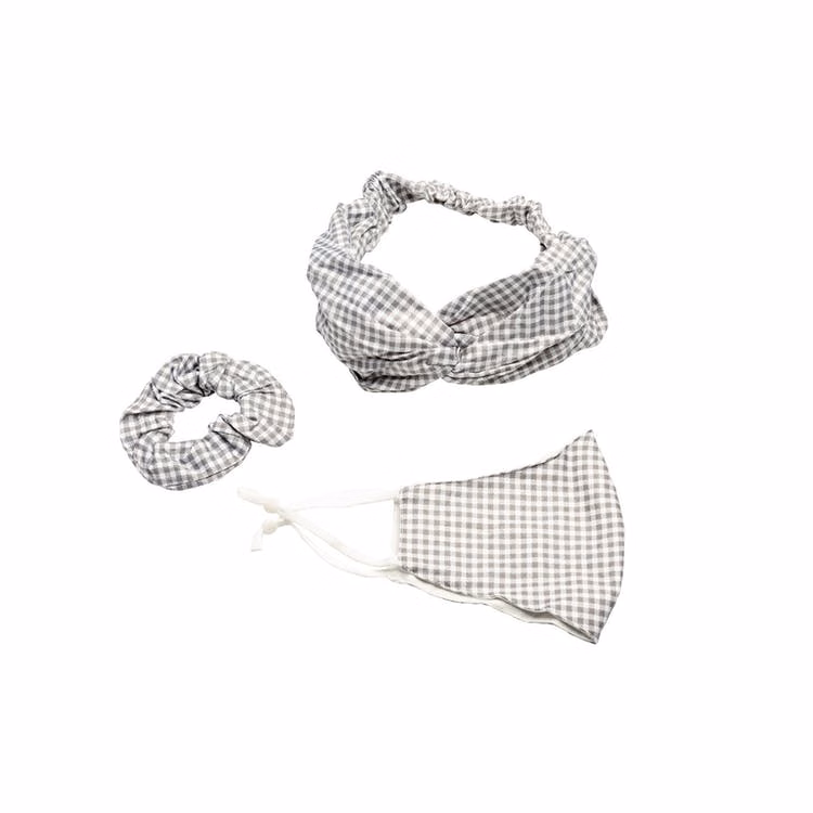 3-Piece Fashion Facemask - Headband Scrunchie Gray & White