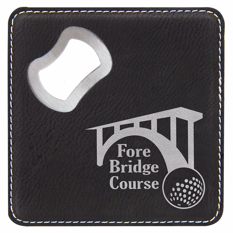 4" x 4" Square Black/Silver Leatherette Coaster w/ Bottle Opener