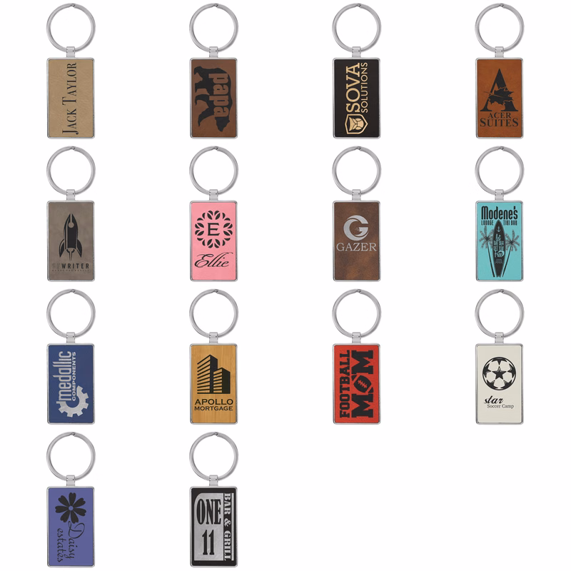 2 3/4" x 1 1/4" Laserable Leatherette & Metal Rectangle Keychain