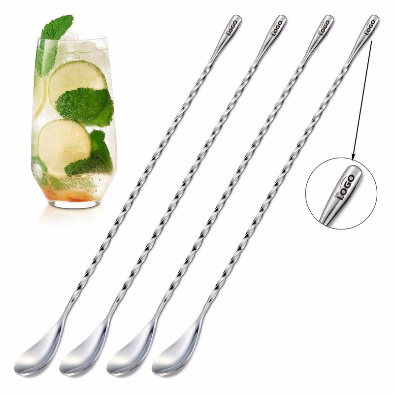MOQ50 10 Inch Stainless Steel Bar Mixing Spoon With Spiral Pattern
