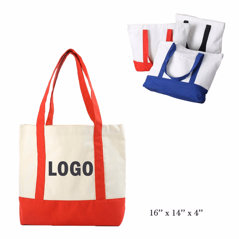 Canvas Tote Bag With An External Pocket, Top Zipper Closure