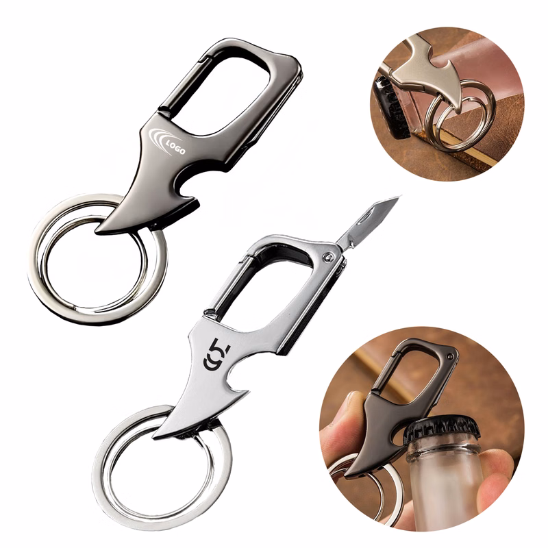 Zinc Alloy Keychain with Retractable Knife and Bottle Opener