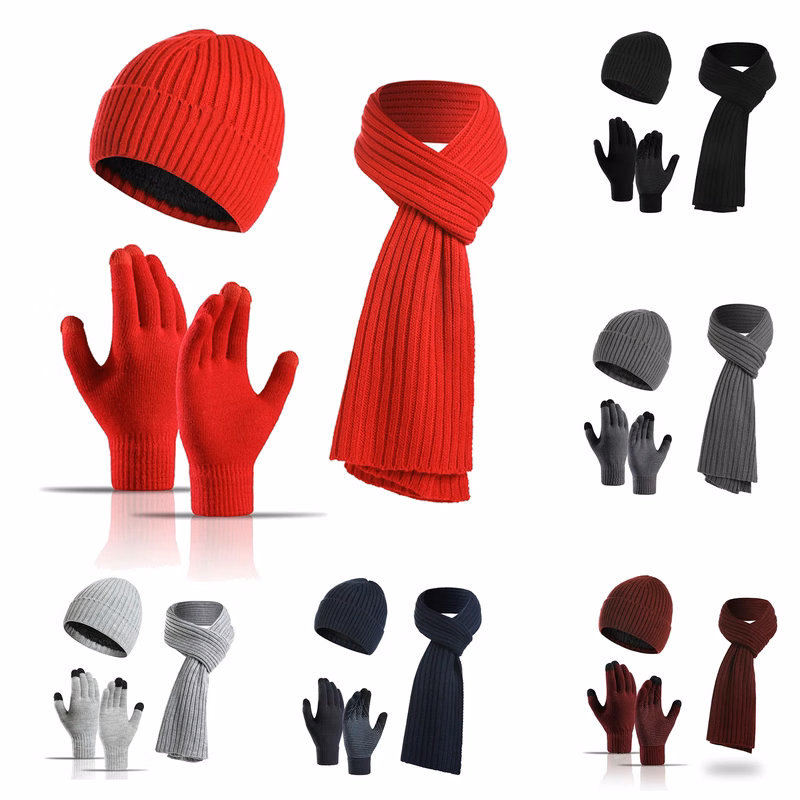 Winter Warm Knitted Scarf Beanie Hat and Gloves Set