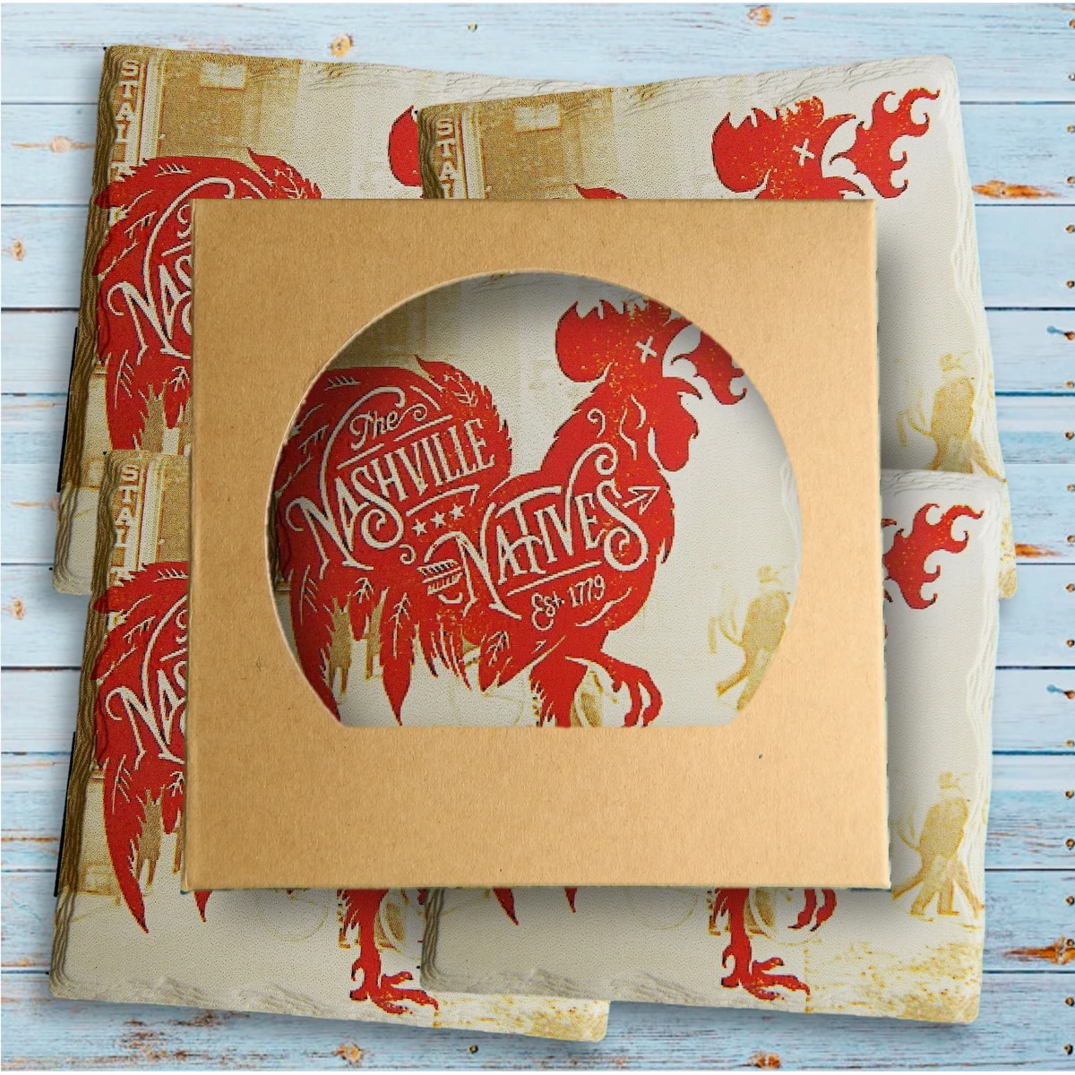 Set of 4 Square Layered Edge Absorbent Stone Coasters in Craft Window Box 1