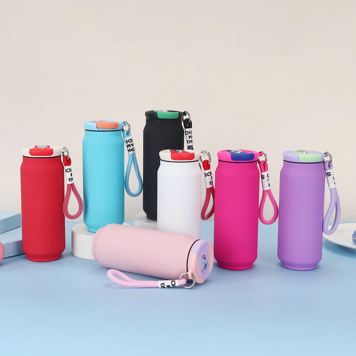 17 oz Rubberized Coated Can-Shaped Insulated Water Bottle W/ Handle Strap, custom water bottle with logo imprint 1