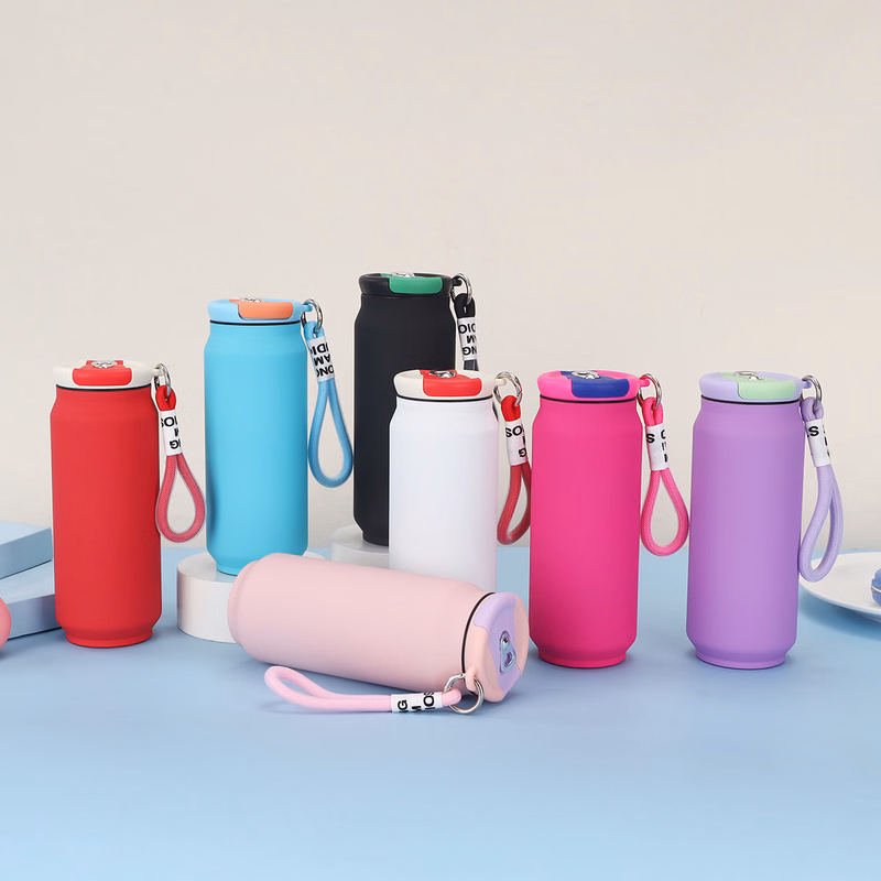 17 oz Rubberized Coated Can-Shaped Insulated Water Bottle W/ Handle Strap