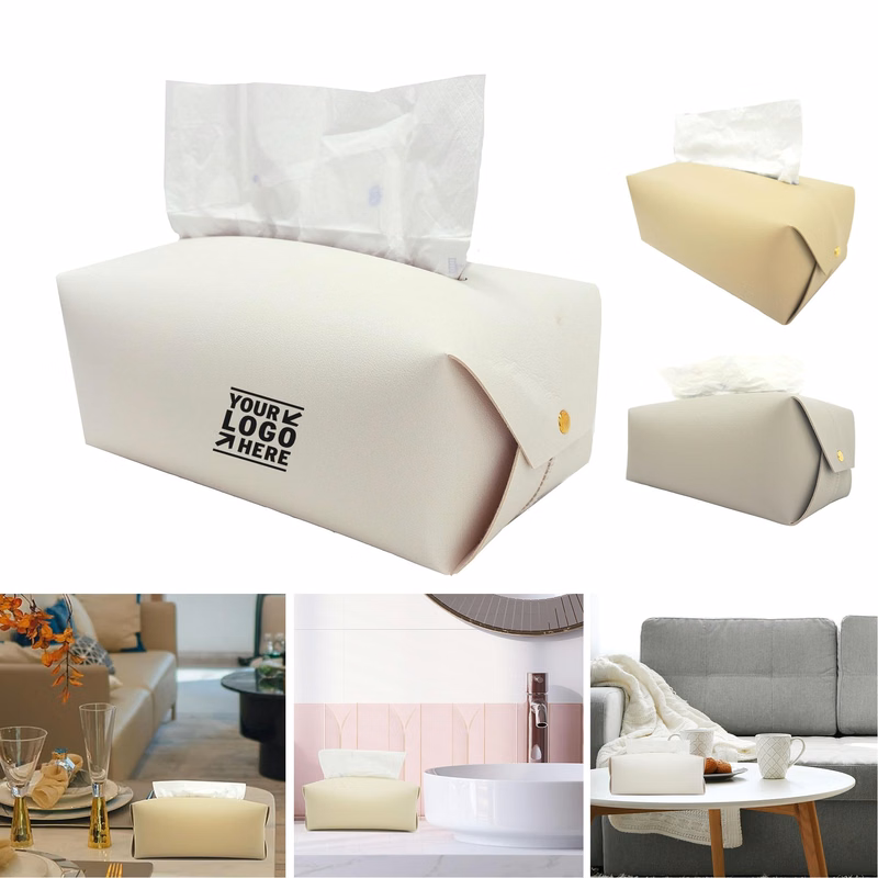 PU Leather Rectangle Bathroom Decorative Vanity Countertop Tissue Box Cover Wihte Tissue Holder