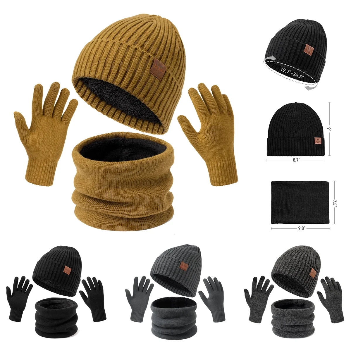 3 Pcs Winter Hat Scarf Gloves Set for Women Men 1