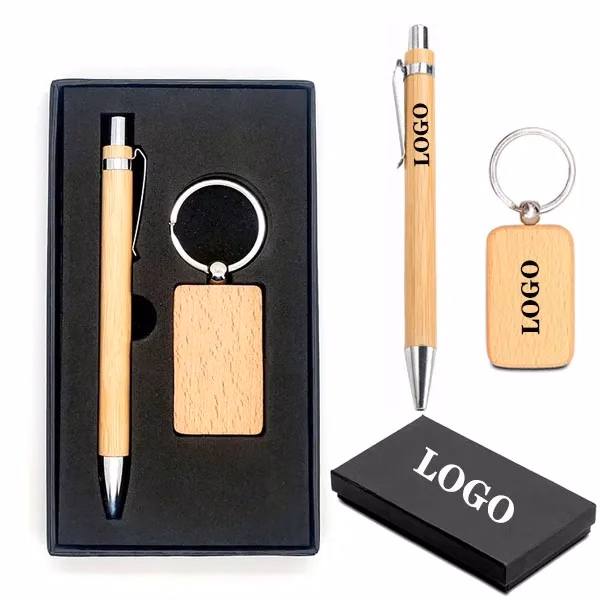 Bamboo Pen and Wooden Keychain Gift Set