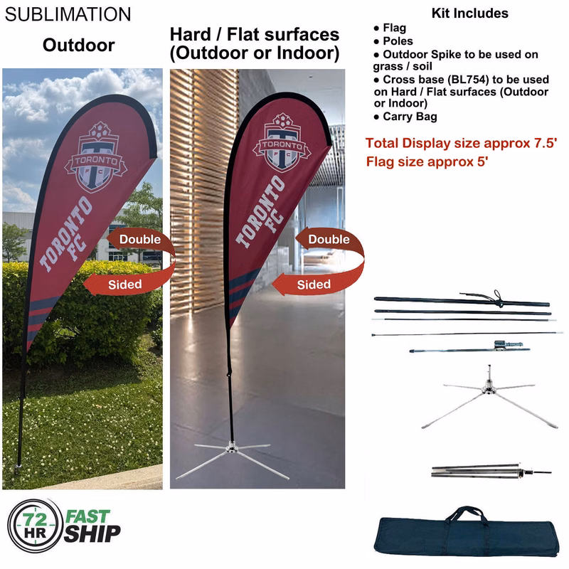72Hr Fast Ship - 7.5' Small Tear Drop Flag Kit, Full Color Graphic 2 Sided, Outdoor & Indoor base