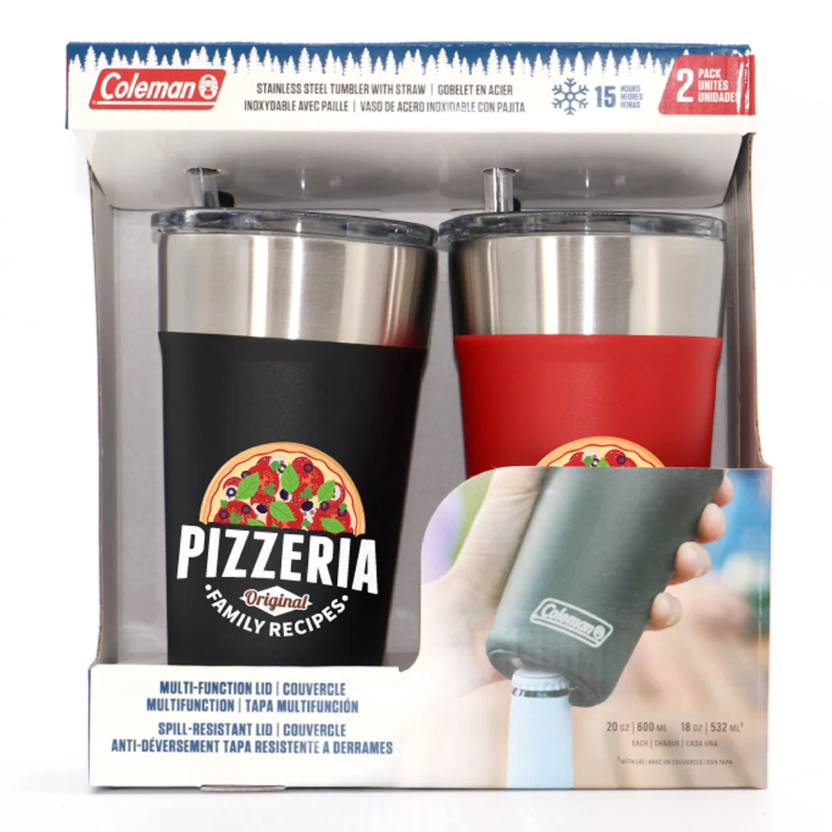20 oz. Black and Red Stainless Steel Coleman Tumblers with Straw 1