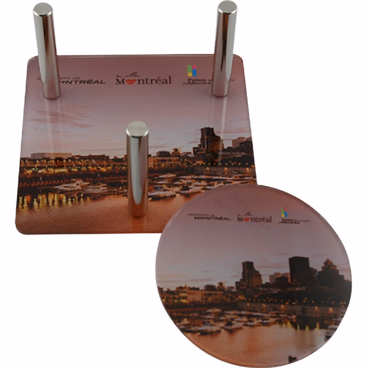 Acrylic Coaster Set of 6 Round Coasters (3 1/2" dia) and 1 Base (4 1/2"x4 1/2") Full Colour