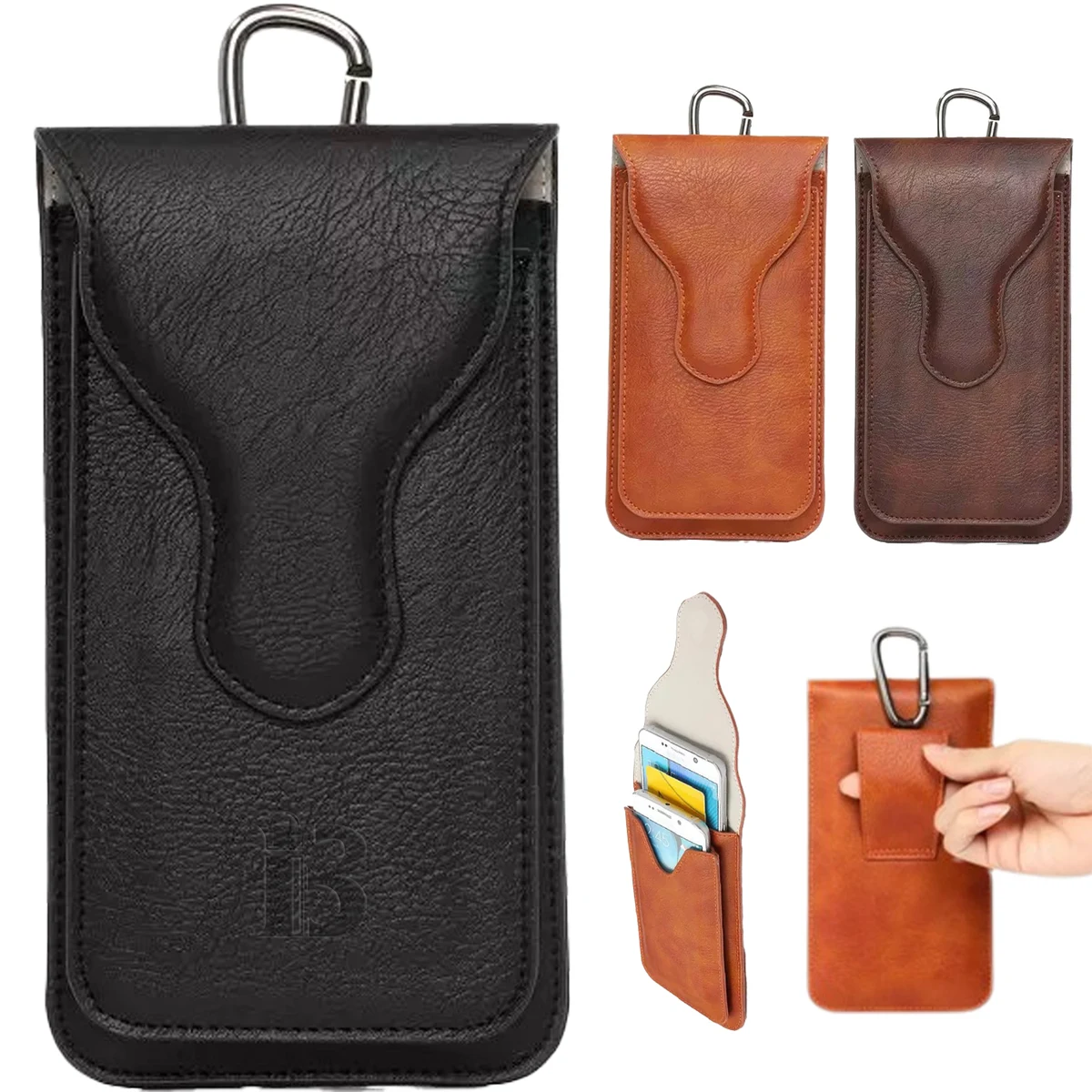 PU Leather Double Layer Texture Phone Bag w/ Carabine 1