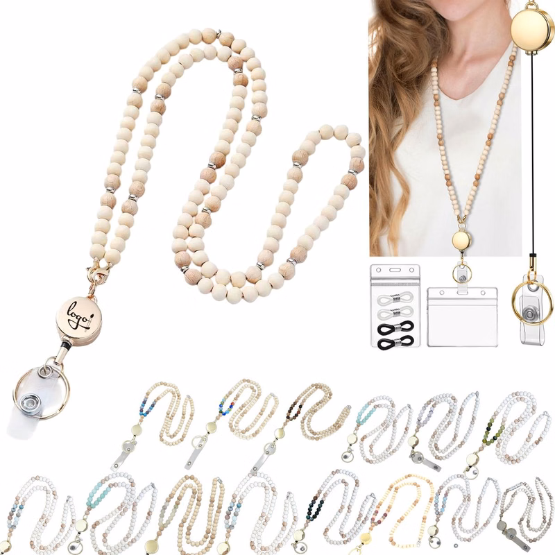Retractable Natural Wood Beaded Lanyard