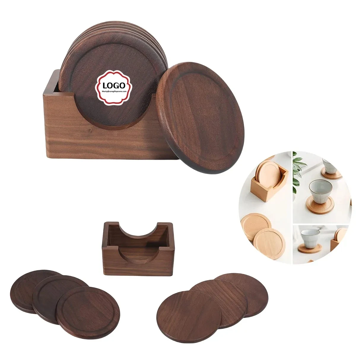 6pcs Round Wooden Coasters Set 1