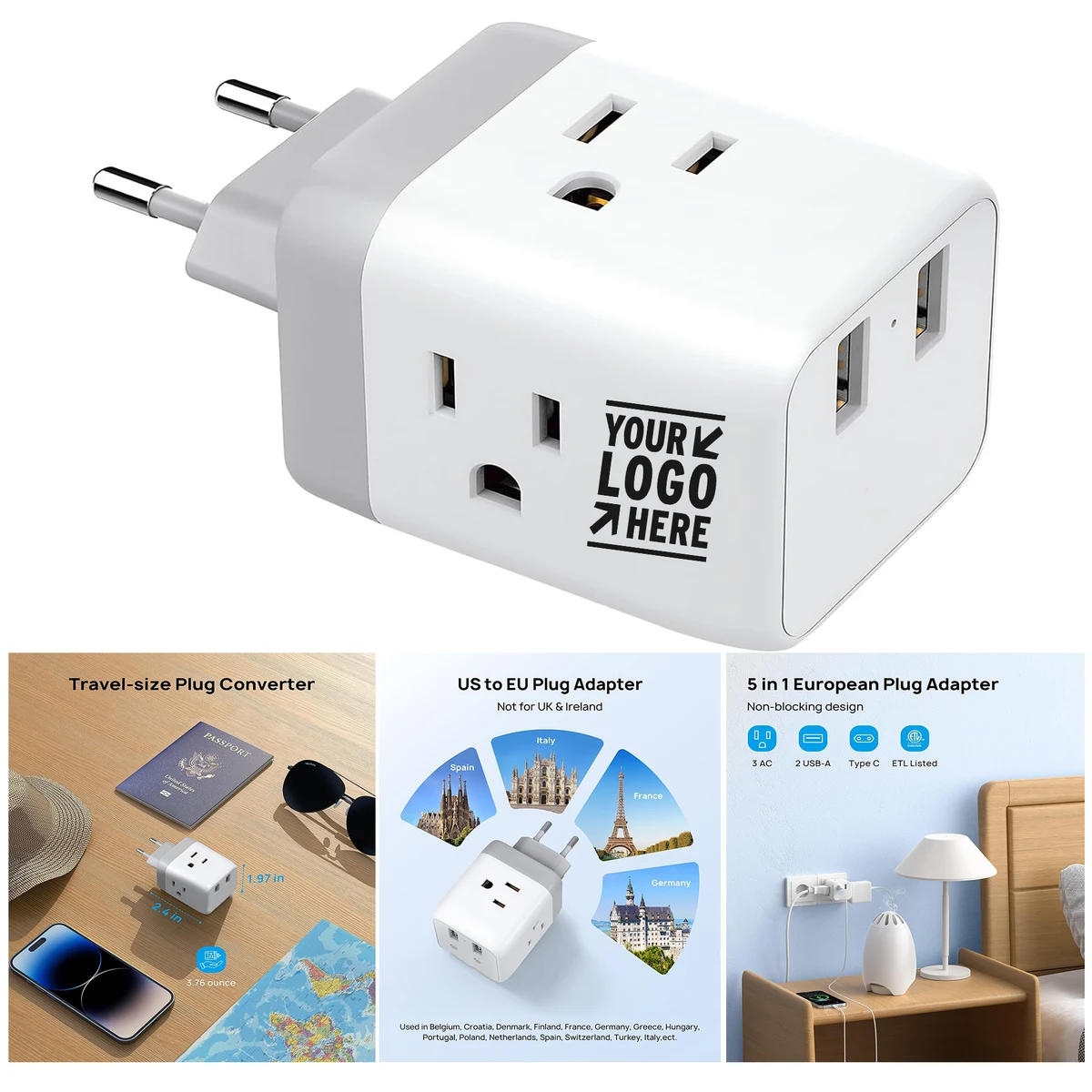 European International Travel Plug Power Adapter with 3 American Outlets 2 USB Port 1