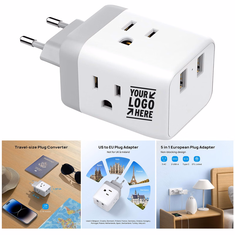 European International Travel Plug Power Adapter with 3 American Outlets 2 USB Port