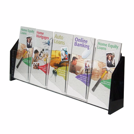 Wall Mount Brochure Holder, Clear w/Black Ends, 1-tier, 5 pockets