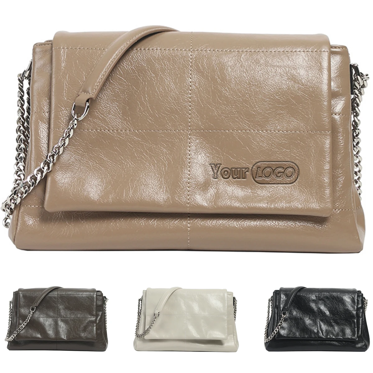 Genuine?Leather Shoulder bag with Hardware Chain 1