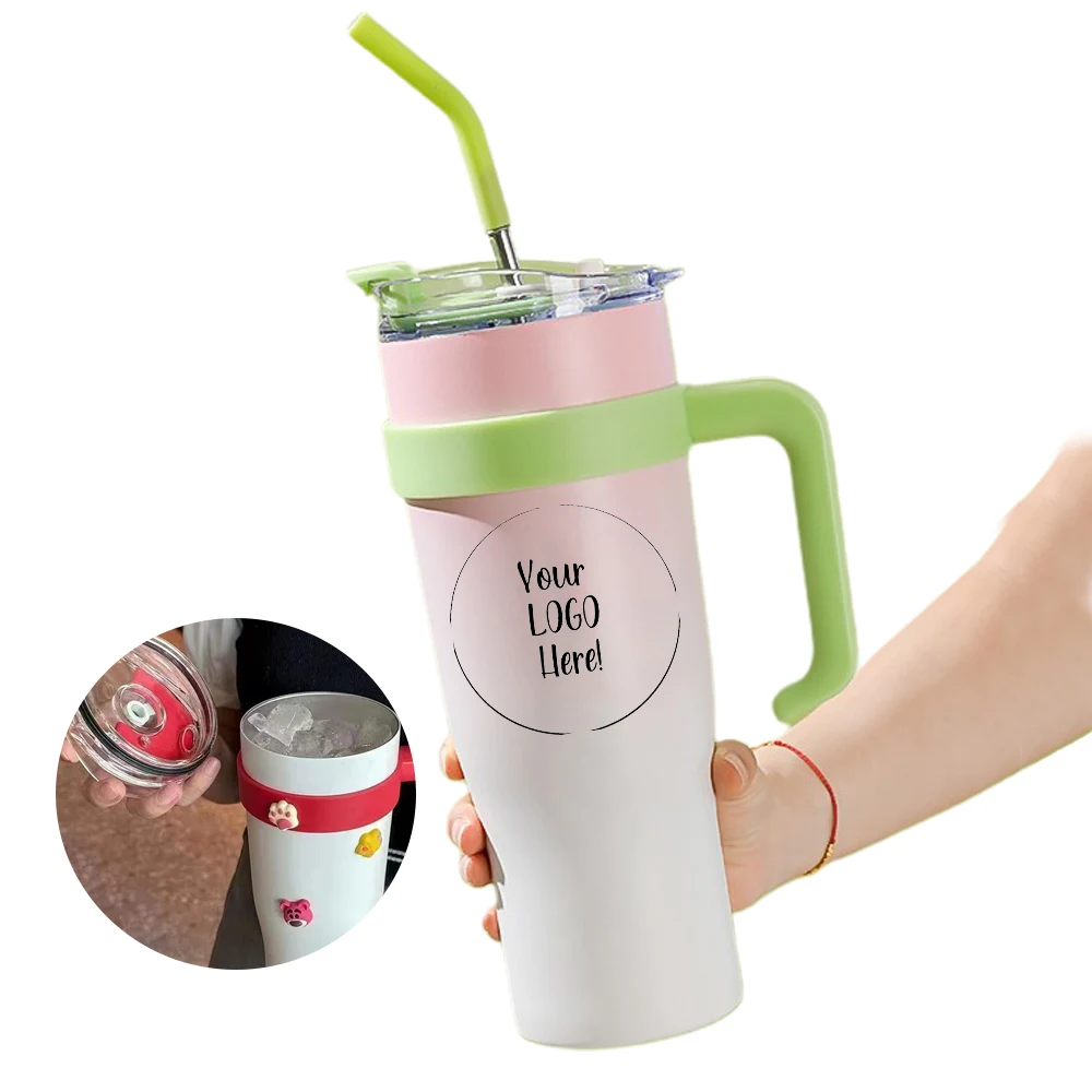 40 Oz Insulated Beverage Stainless Steel Tumbler with Handle & Straw 1