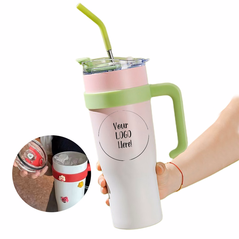 40 Oz Insulated Beverage Stainless Steel Tumbler with Handle & Straw