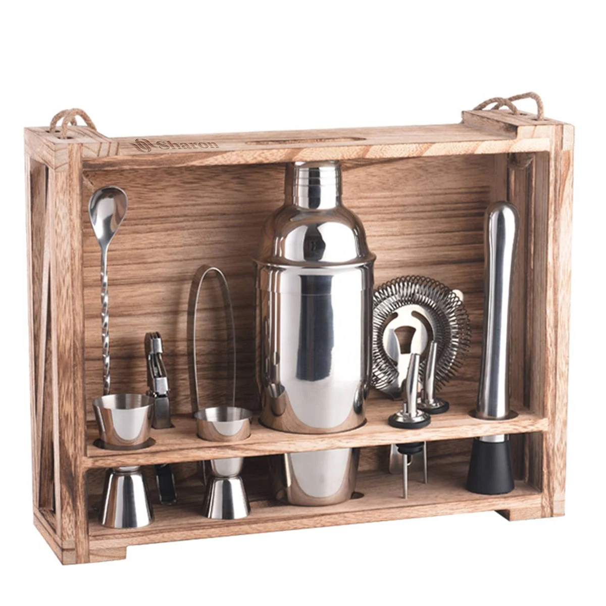 11pcs Stainless Steel Cocktail Bar Set with Wood Stand 1