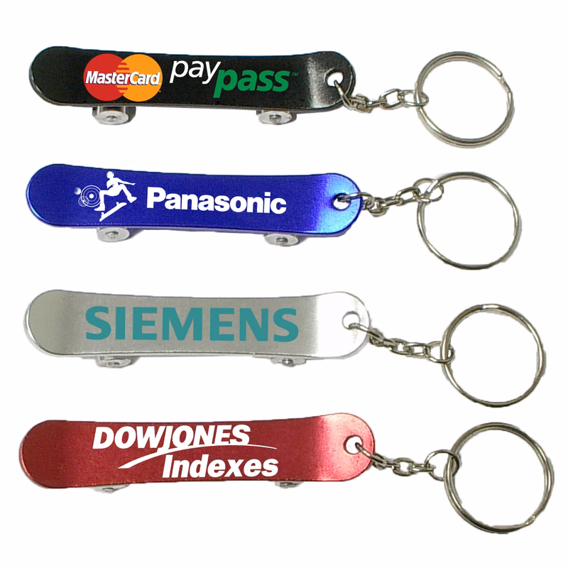 Skateboard shape bottle opener with key chain.
