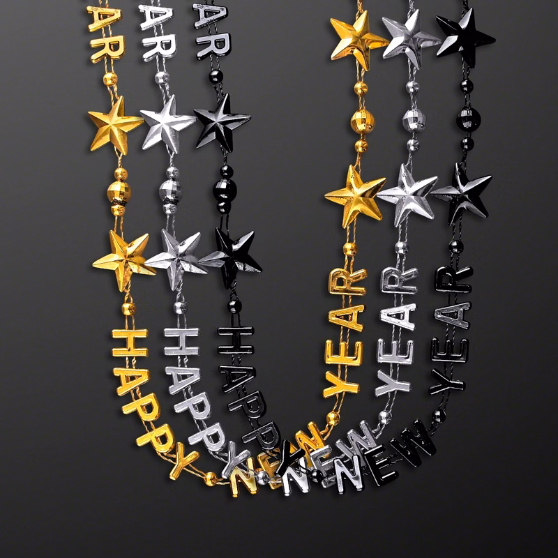 Happy New Year Party Beads in Black, Silver & Gold