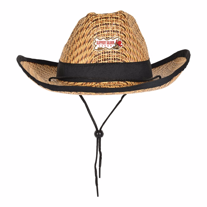 Western Cowboy Hats w/ Black Trim & Band and Adjustable Chin Strap with a Faux Leather Icon