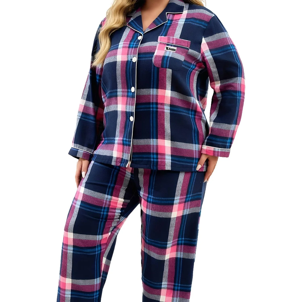 Spring Autumn Plus Size Plaid Pajama Set 1