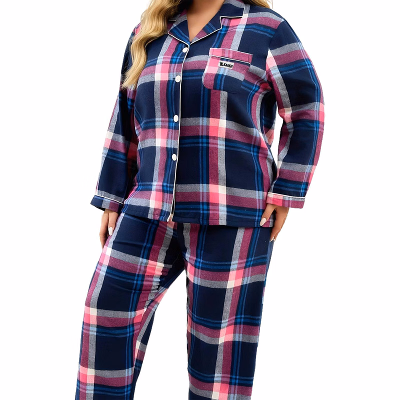 Spring Autumn Plus Size Plaid Pajama Set