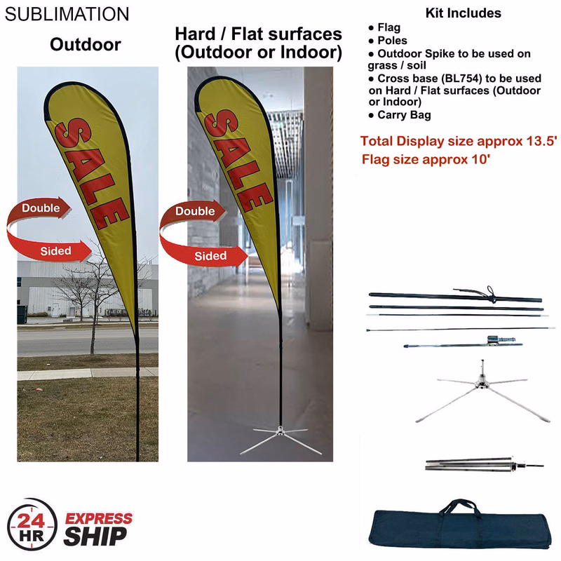 24Hr Express - 13.5' Large Tear Drop Flag Kit, Full Color Graphic Double Side, Outdoor & Indoor use