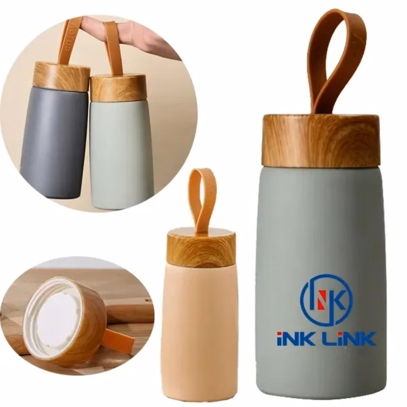 Wood Stainless Steel Bottle with Strap