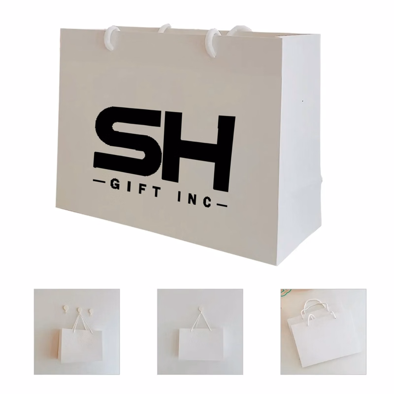 Custom White Paper Gift Tote Bag W/ Cotton Rope Handles
