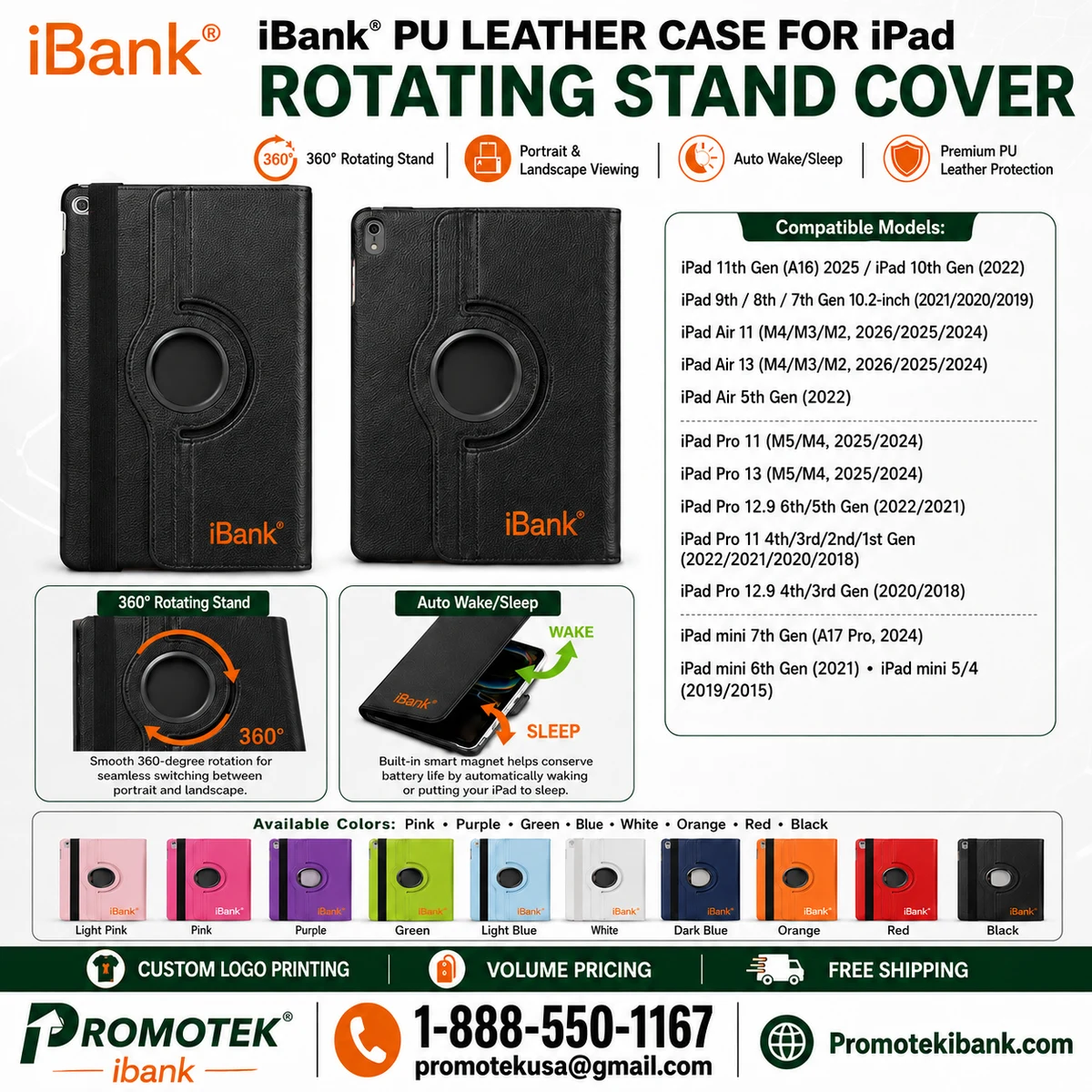 iBank® PU Leather Case for iPad, Rotating Stand Cover Viewing Stand Auto Wake/Sleep 1