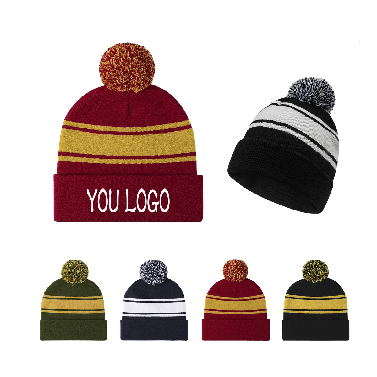 Embroidered Striped Winter Pom-pom Hat 1