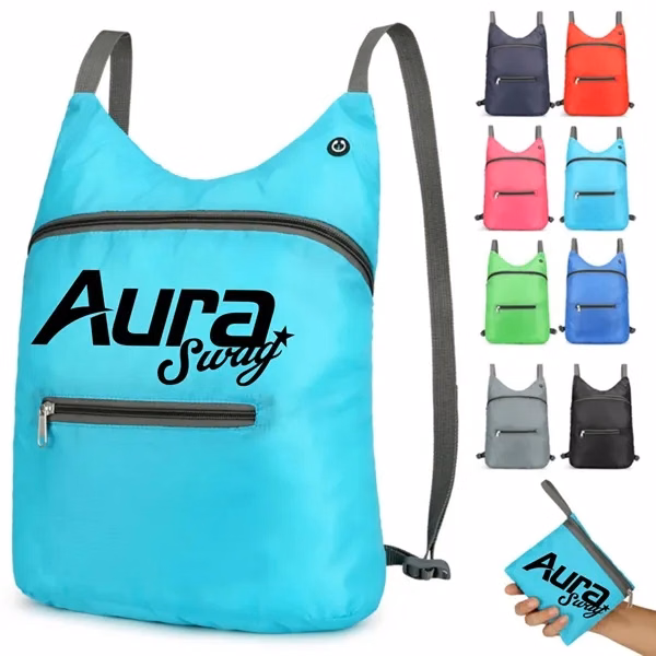 Custom Foldable Polyester Backpack — Water-Resistant 15" Hiking & Travel Promo Bag