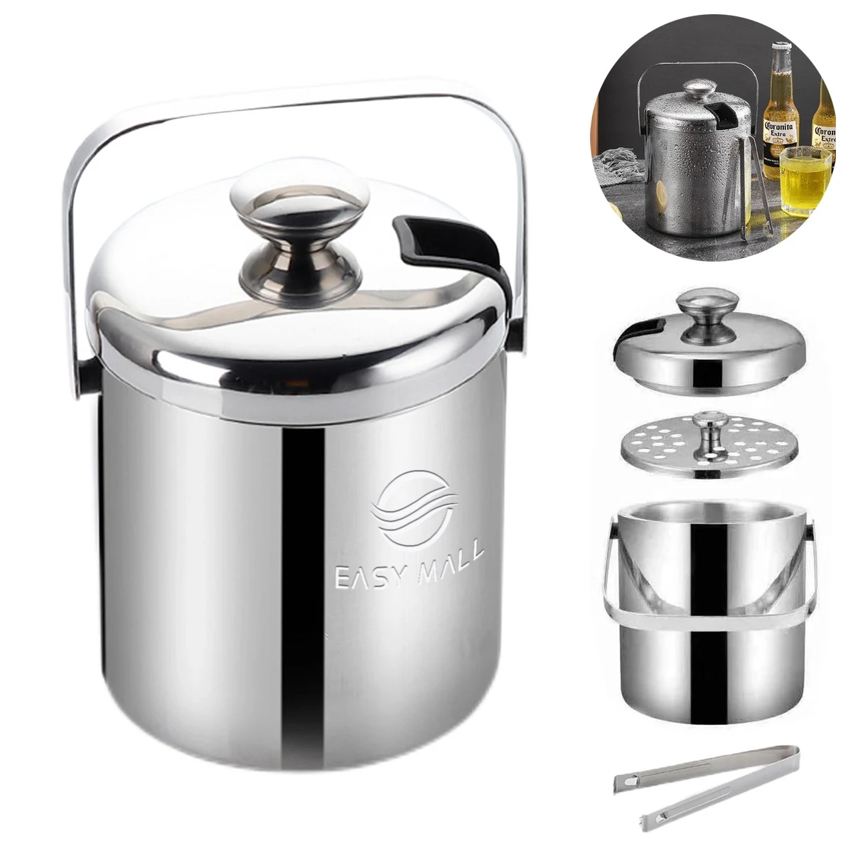 102 Oz Stainless Steel Ice Bucket With Lid & Tongs 1