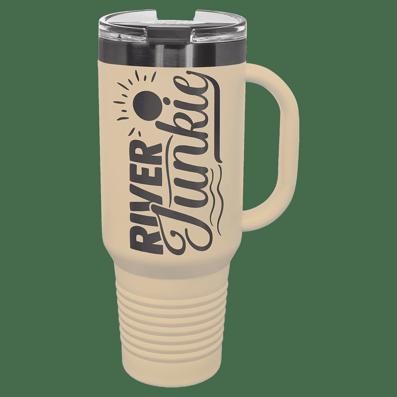 Polar Camel 40 oz. Warm Sand/Ghost Black ION-Plated Travel Mug with Handle, Straw Included