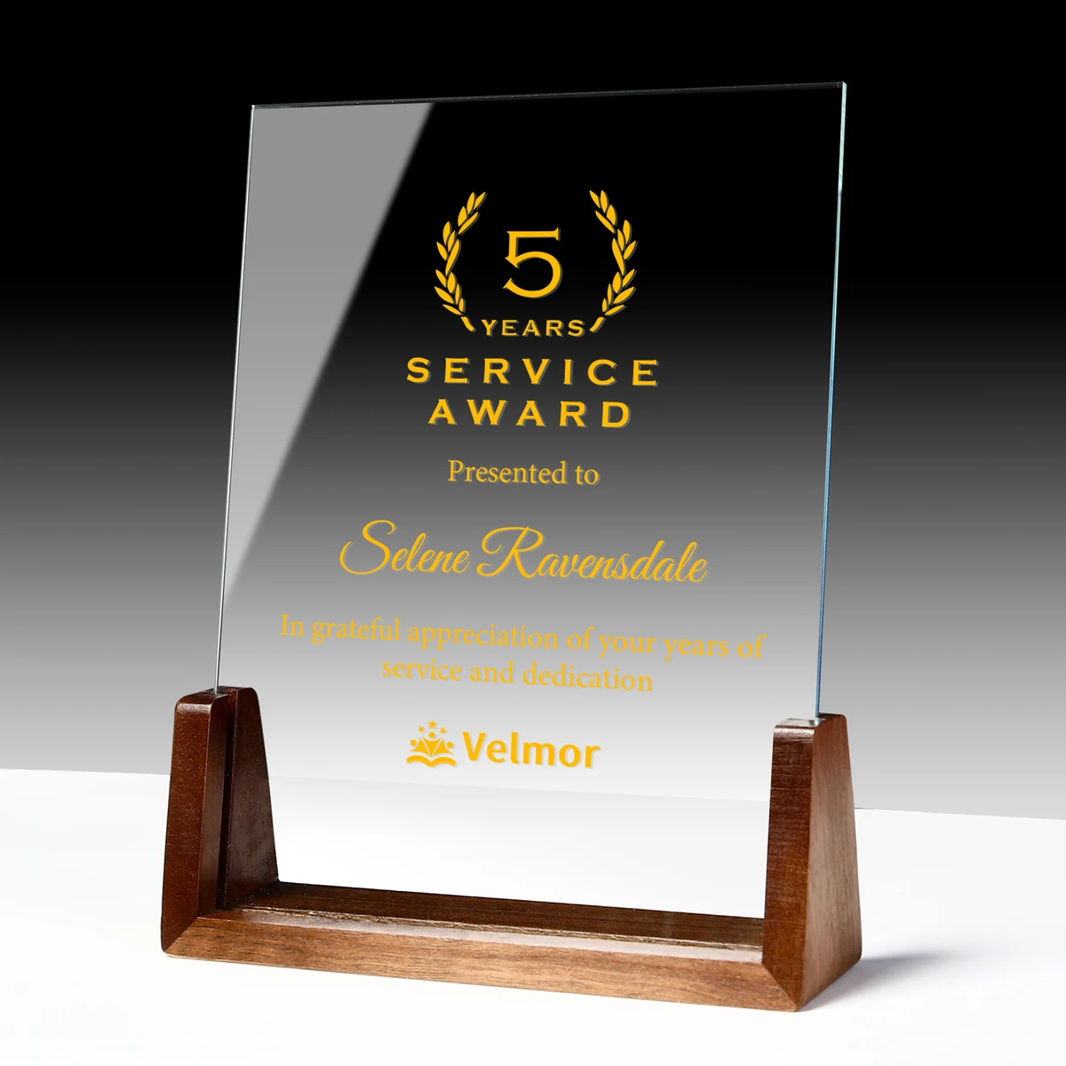 Personalized Clear Glass Crystal Award Plaque With Wooden Base 1