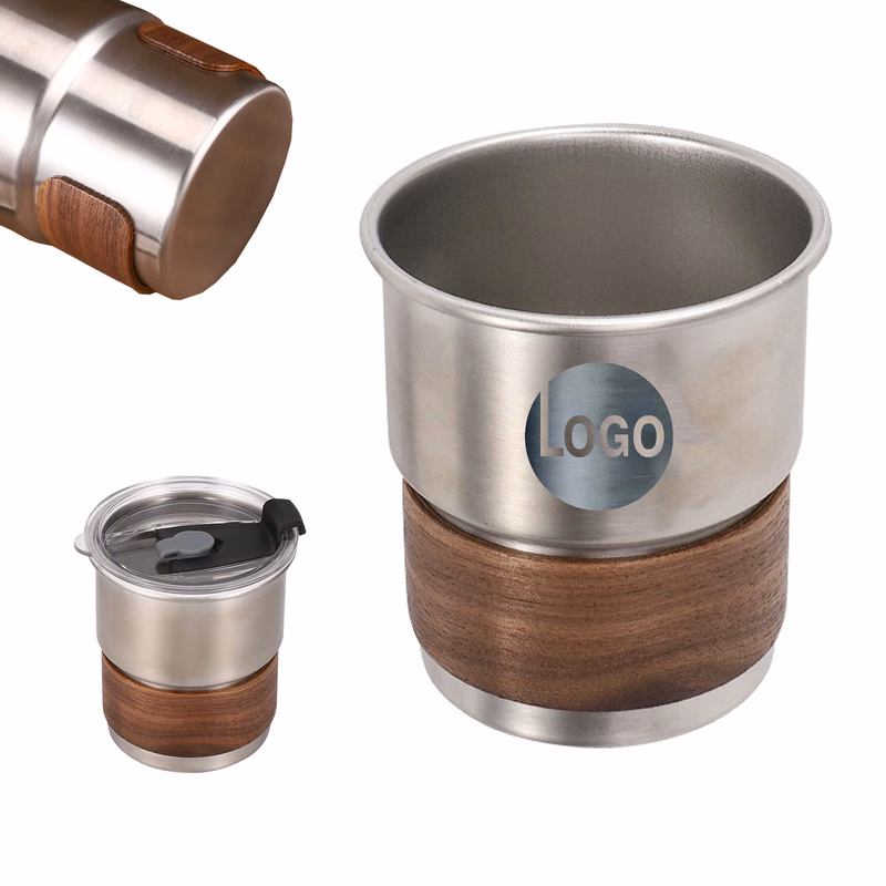 Stainless Steel Cup with Walnut Wood Sleeve and Lid