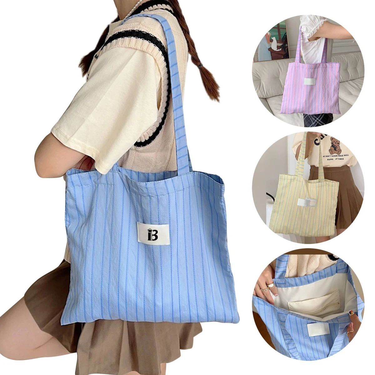 Women's Daily Working Striped Canvas Bag, custom tote bag with logo imprint 1