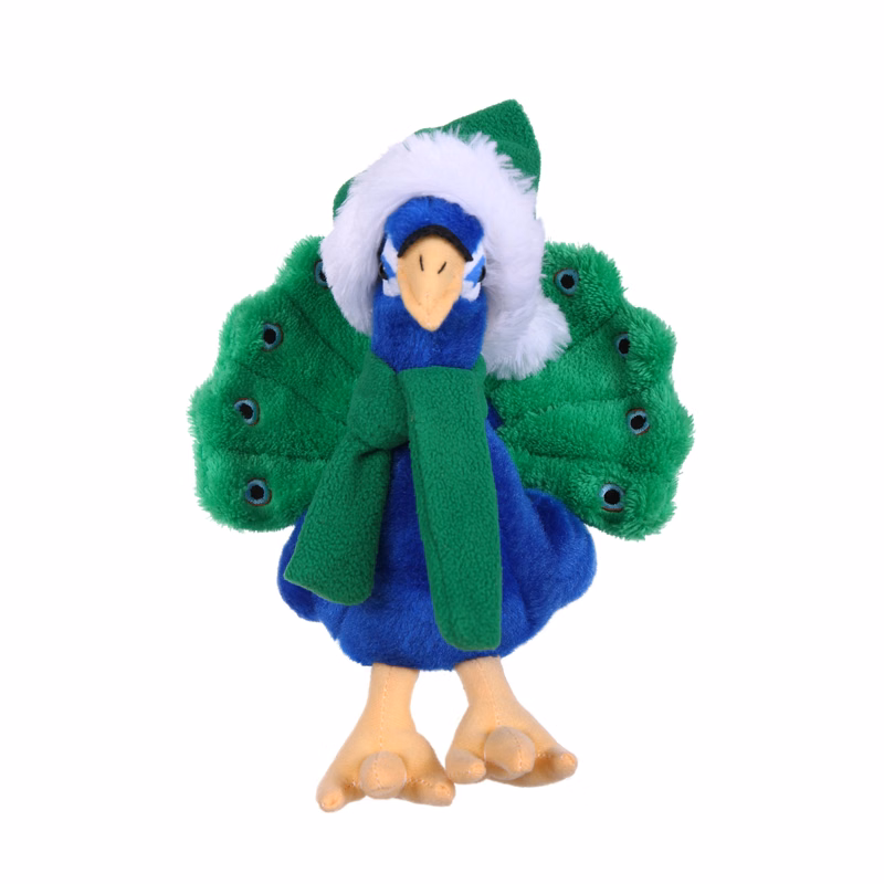 Soft Plush Sitting Peacock with Christmas Scarf & Hat
