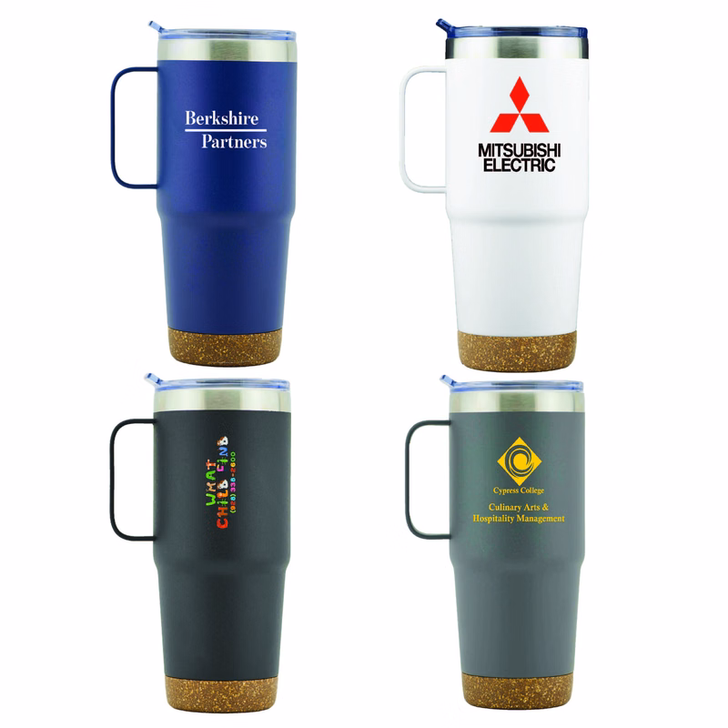 Oceanside 24 Oz. Double Wall SS VI Tumbler with Handle and Cork Bottom (Blue)